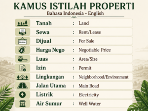A "Kamus Istilah Properti" (Property Terms Dictionary) infographic showing Indonesian to English translations for real estate terms like Tanah (Land), Harga Nego (Negotiable Price), and Izin (Permit).