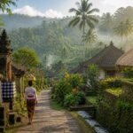 Traditional Balinese village pathway with local woman carrying offerings, surrounded by lush greenery and palm trees in a quiet non-touristic area of Bali