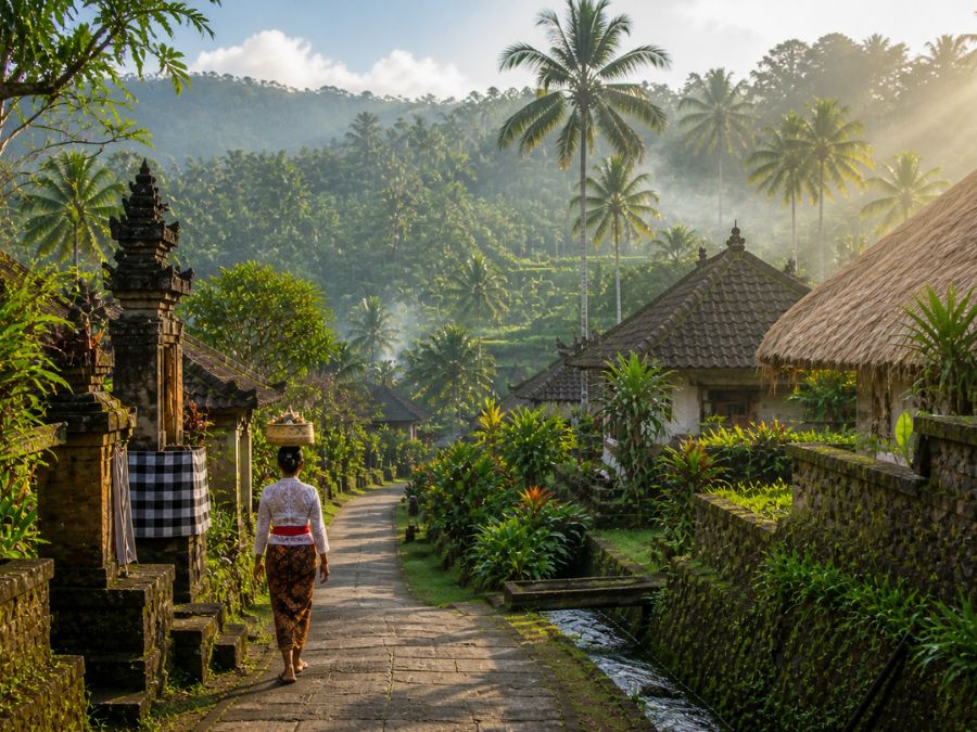 Traditional Balinese village pathway with local woman carrying offerings, surrounded by lush greenery and palm trees in a quiet non-touristic area of Bali