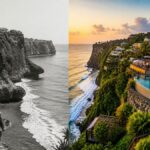 Ultra-realistic view of Uluwatu cliffs showing contrast between early surf culture and modern luxury villas and beach clubs in Bali.