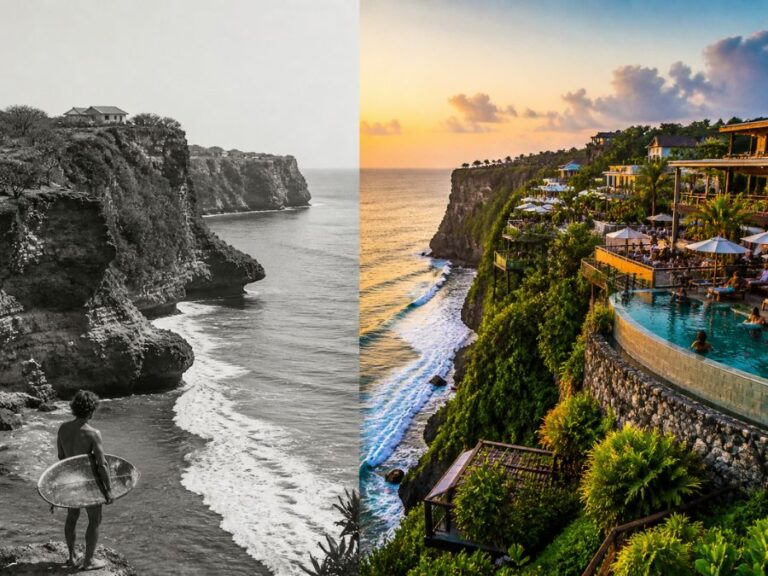 Ultra-realistic view of Uluwatu cliffs showing contrast between early surf culture and modern luxury villas and beach clubs in Bali.