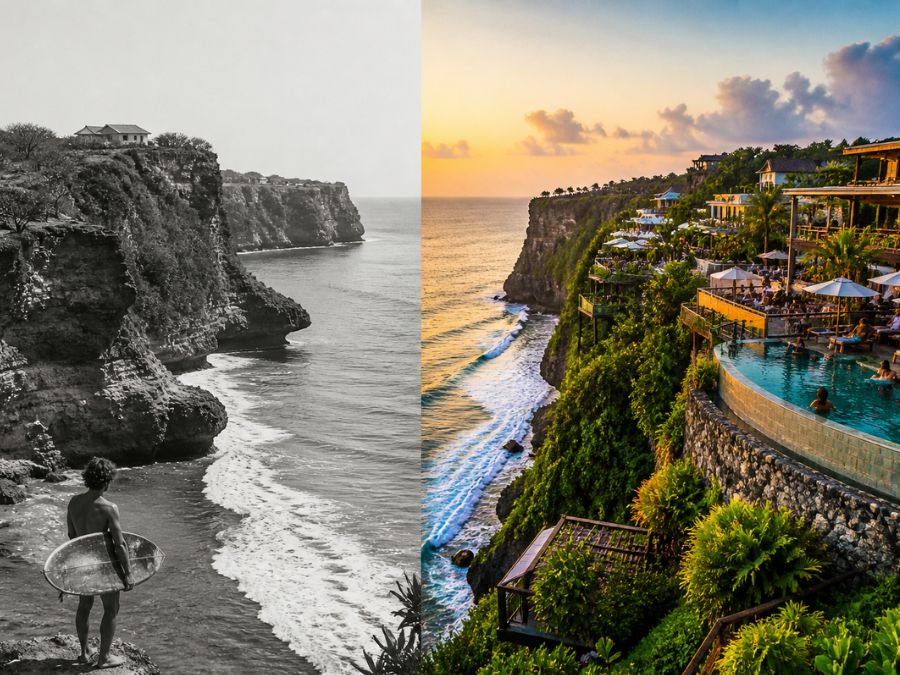 Ultra-realistic view of Uluwatu cliffs showing contrast between early surf culture and modern luxury villas and beach clubs in Bali.
