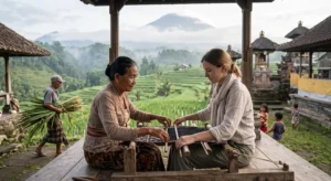 Traveler learning traditional textile weaving in a secluded Bali highland village overlooking rice terraces.