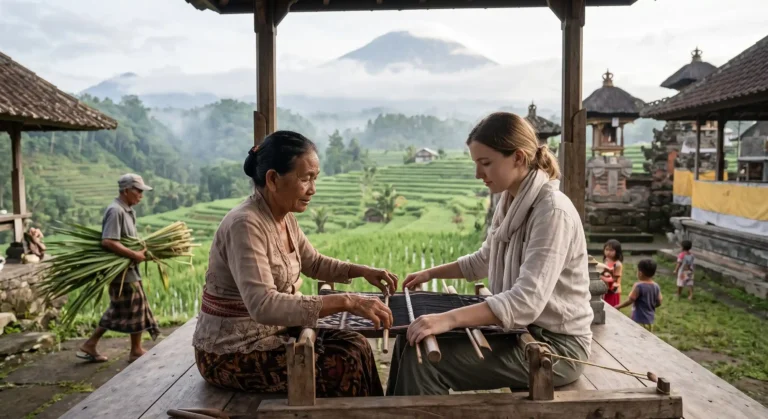 Traveler learning traditional textile weaving in a secluded Bali highland village overlooking rice terraces.