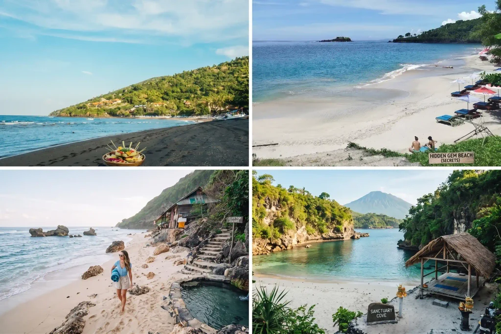 Photo collage showcasing secluded Bali beaches: Nyang Nyang cliffside shore, Virgin Beach white sand cove, and Amed black sand bay.