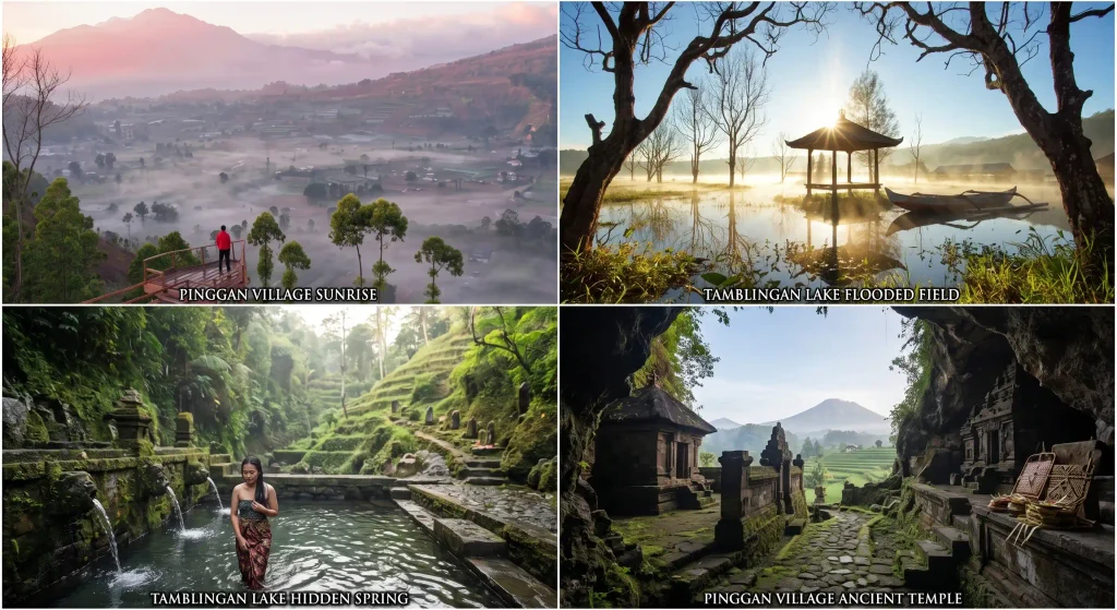 Photo collage featuring mist-covered sunrise views over Pinggan Village and golden morning reflections at Lake Tamblingan in Bali.
