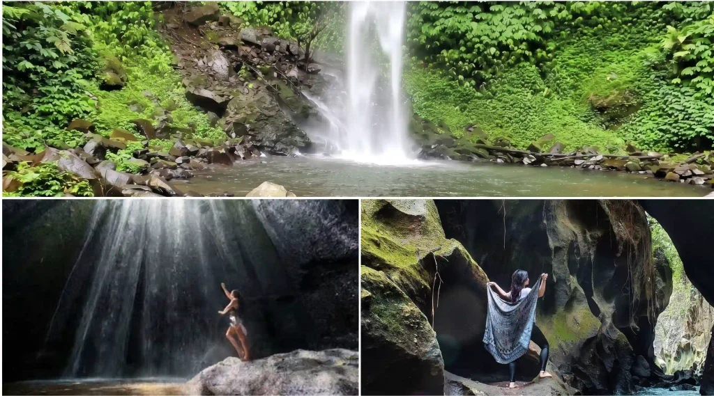 Photo collage of secluded waterfalls and canyons in Bali featuring Blemantung Waterfall, Tukad Cepung cave cascade, and Beji Guwang Hidden Canyon