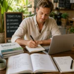 Learn Indonesian for beginners - woman studying Bahasa Indonesia with textbook and notebook