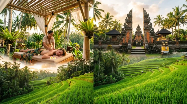 Collage of Bali travel experiences featuring lush green rice terraces, a traditional temple gate, and an outdoor spa massage.